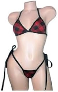 Exotic Dancewear Red Black Checker Print "Melody Piper" Tie Up Bikini Bra Top Tie Up Thong 2 Piece Outfit Stripperwear Dance Outfit