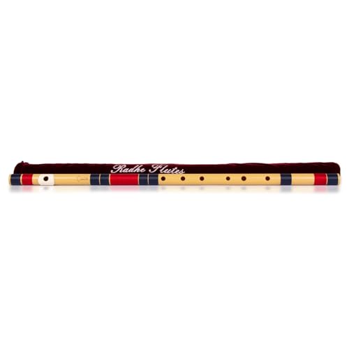 Image of Radhe Flutes | E Natural Right Handed Base Bansuri | Tuned With Tanpura A=440Hz | PVC Flute + Velvet Cover + Hindi & English Flute Lessons | PERENT (Beige Flute With Dark Blue & Red Threads)