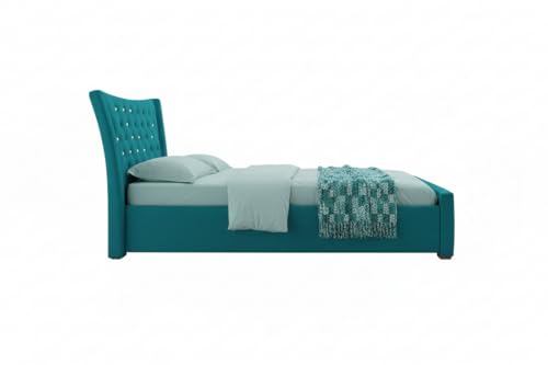 Image of Pearl Upholstered Queen Size Bed with Box Storage for Bedroom | Elegant Wooden Double Bed with Storage | Platform Cot Palang with Tufted Headboard | 6.5 x 5 Ft, Sheesham Wood, Light Blue