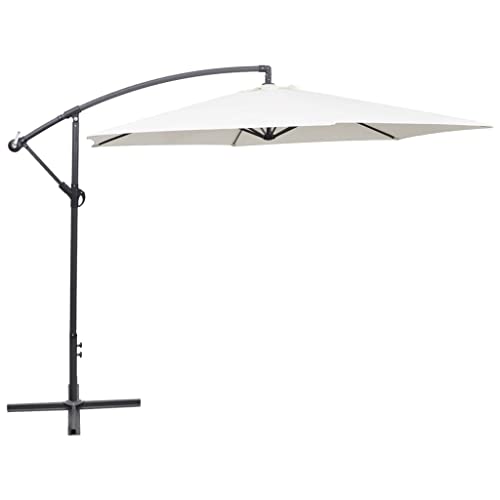 LoogCape Sombrilla de poliéster blanco arena con manivela, diseño voladizo, nervaduras, ventilación individual, protección UV para jardín, balcón, terraza y playa, Blanco, 1