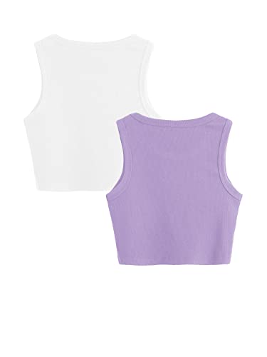 Image of Milumia Girls Shirt 2 Pack Ribbed Knit Round Neck Casual Baisc Crop Tank Top (Multi White Purple, 7 Years, Sleeveless)