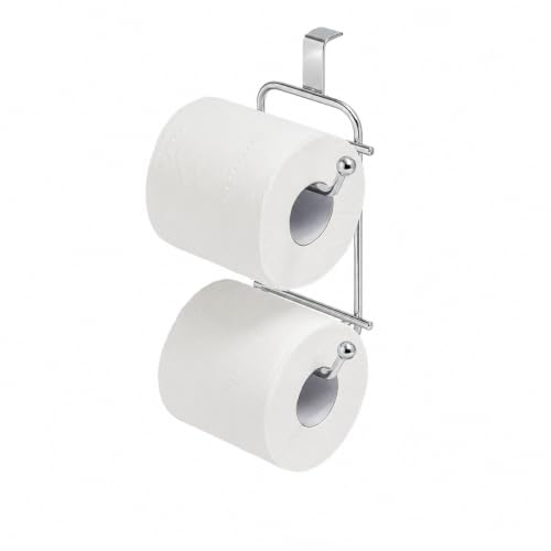 Image of Basicwise Over-The-Side Tank Double Toilet Paper Holder Compact Modern Bathroom Organizer Practical Storage Rack for Extra Rolls Offering Quick & Easy Access for Everyday Use, Silver