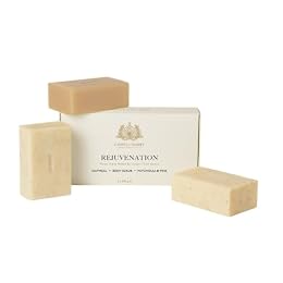 Caswell-Massey Rejuvenation Soap Set – Triple-Milled Oatmeal, Patchouli & Pine, and Body Scrub Bars – Moisturizing Plant-Based Soaps – Made in USA – 3 x 6.4 oz