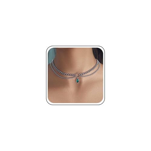 Inilbran Boho Layered Emerald Necklace Choker Vintage Green Crystal Necklace Teardrop Emerald Gemstone Choker Necklace Silver Curb Chain Necklace Jewelry for Women and Girls