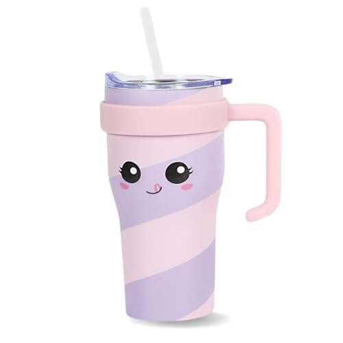 Mug KAWAII Isotherme avec Paille et Poignée Ergonomique | Gourde 0.6l Violet en Inox pour conserver vos boissons au chaud ou au frais | Idéal pour le Bureau ou le Sport