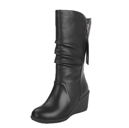 Womens Wide Width Mid Calf Ankle Boots Flat Heel Slouchy Faux Leather Folds Winter Slip-on Knee High Boots