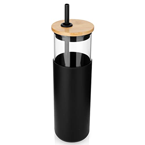 Tronco 32 Oz Glass Tumbler With Straw And Bamboo Lid, Iced Coffee Cup Reusable, Smoothie Cups, Tumbler With Silicone Protective Sleeve - Bpa Free（Black） #TOP1