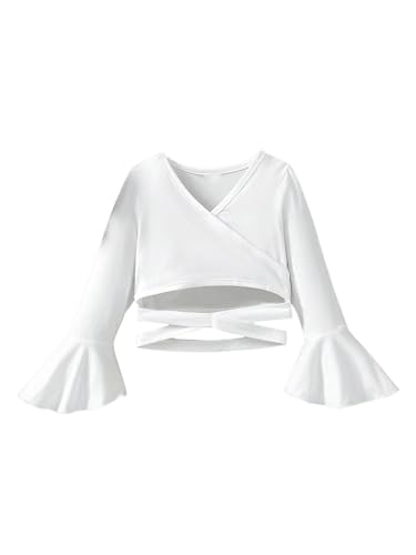 Image of BEAUDRM Girl's Long Bell Sleeve Shirt V Neck Flare Sleeve Tee Shirt Criss Cross Ruffle Crop Top White 5Y