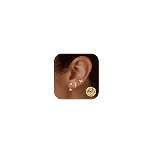 Jstyle 14K Gold Earrings for Women S925 Sterling Silver Earrings for Multiple Piercings Cartilage Stud Small Hoop Dainty Earrings Set
