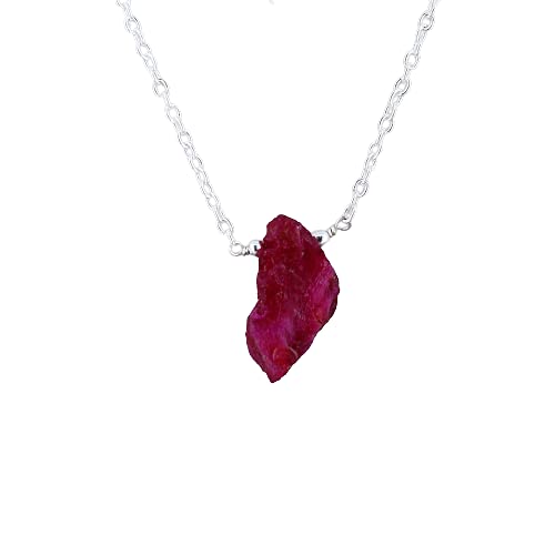 Gempires Natural Raw Ruby Pendant Necklace for Women, Raw Stone Necklace, Ruby Crystal Jewelry, July Birthstone,16 + 2 Inch Silver Plated Adjustable