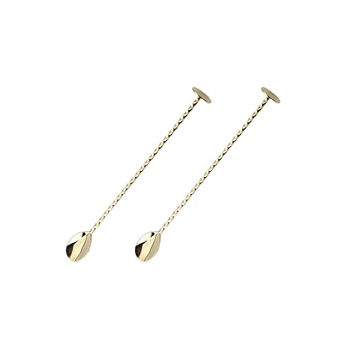 2 Pack Cocktail Mixing Spoons, 11 inch Stainless Steel Spiral Long Handle Cocktail Stirrers Spoons for Cocktail Shakers, Tall Cups & Pitchers (Gold)