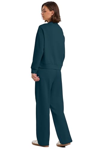 Image of WIHOLL Two Piece Sets for Women Fall Outfits Lounge Sets Mock Neck Tops Wide Leg Pants Vacation Travel Airport Outfits