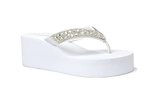 Image of REDVOLUTION New Women's Rhinestone Sandals High | Low Platform T-Strap Jewel Sandals High Wedge Flip Flops