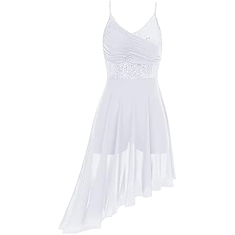 Jowowha Women Shiny Sequins Spaghetti Strap Asymmetrical Mesh Tulle Lyrical Dance Dress Modern Contemporary Dancewear White MM Cover