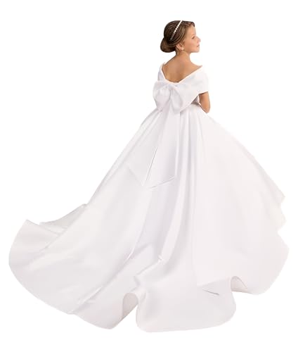 Flower Girl Dresses for Wedding Off Shoulder Satin Princess Pageant Dresses Sleeveless Ball Gown with Bowtie