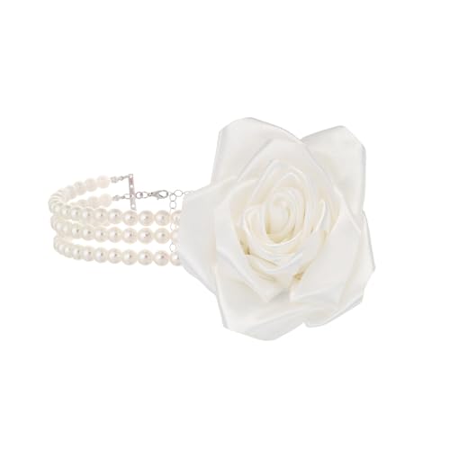 Chunky Large Rose Flower Pearl Necklace,Vintage Satin Fabric Camellia Choker Multi Layer Pearl Clavicle Statement Y2k Aesthetic Jewelry for Women