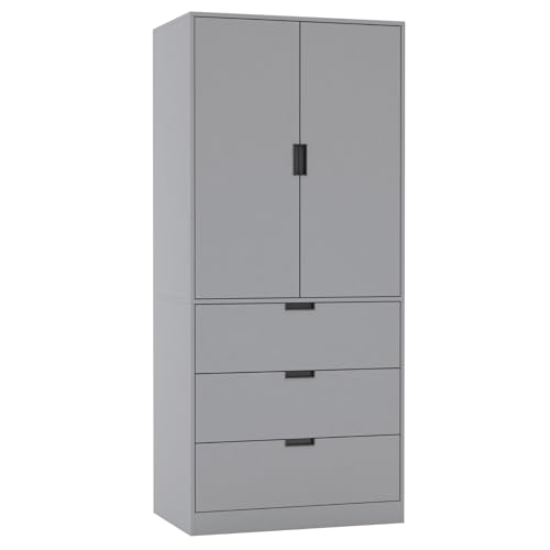 URBNLIVING Modern 2 Door Wardrobe with 3 Drawers & Hanging Rail, Stylish Freestanding Storage, Spacious Interior, Durable Chipboard Build, Easy to Assemble Bedroom Furniture