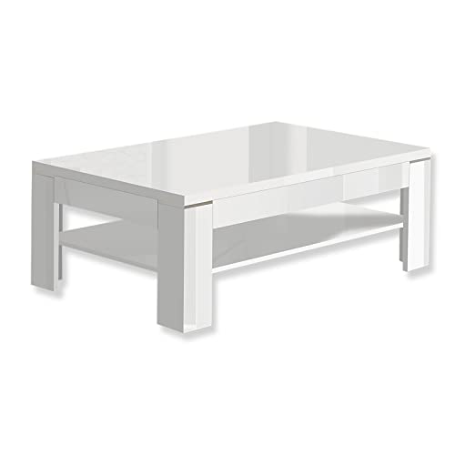 Forte SAVOY Couchtisch 120, moderner Sofatisch, weißer Tisch mit Ablage, Holzwerkstoff, Weiß Hochglanz, 120 cm breit x 75 cm tief x 43 cm hoch