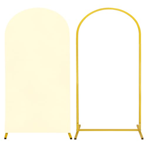 Metal Arch Stand and Cover Set,1 Ivory Spandex Fitted Backdrop with 1 Gold Wedding Arched Stand Frame for Parties Birthday Baby Shower Bridal Banquet Decoration (6.6FT)