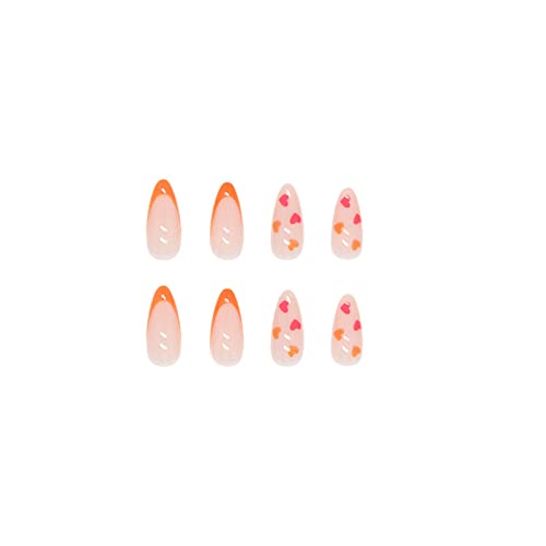 Sinhot French Tip Round Press On Naills Medium Fake Nails Heart Glue On Nails Orange Glossy False Nails Full Cover Oval Acrylic Nails For Women & Girls 24Pcs #TOP4