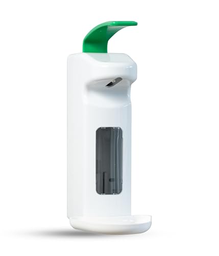 Hygiene365® Desinfektionsspender SD2015, Armhebelspender manuell für 500-1000ml – Eurospender, nachfüllbar (Weiß mit grünem Armhebel)