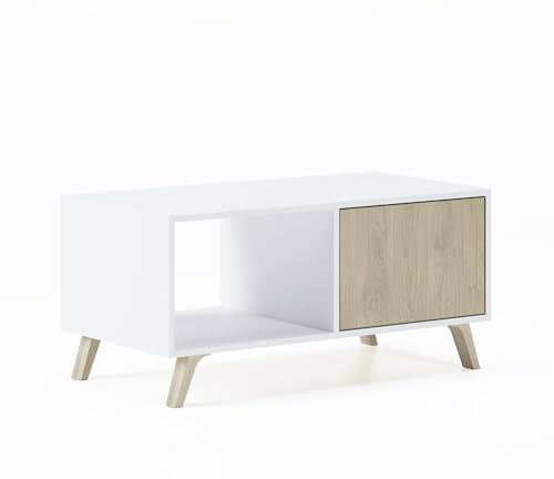SelectionHome - Mesa de centro con puertas, mesita de salón comedor, modelo Wind, color estructura Blanco, color puertas Puccini, medidas: 92 cm (ancho) x 45 cm (alto) x 50 cm (fondo)