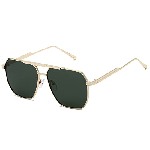 kimorn Gafas de sol polarizadas para mujeres y hombres, retro, de gran tamaño, cuadradas, vintage, sombras de moda, UV400, clásicas, grandes, de metal, K1221, Oro y verde.