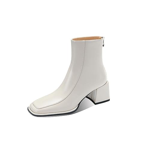 TinaCus Women's Handmade Genuine Leather Chic Square Toe Back Zipper Mid Block Heel Ankle Boots