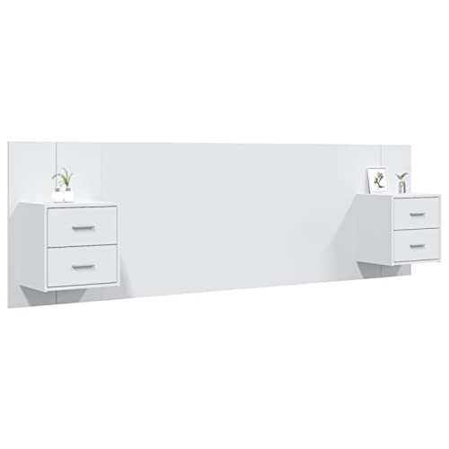 Tidyard Cabecero con mesitas de noche, cabecero de cama, cabecero de cama, cabecero de cama, estantería para cama, marco de cama, dormitorio, color blanco, material de madera