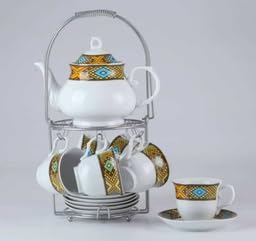 Ethiopian Tilet 14-Piece Porcelain Tea Set with Metal Stand, Traditional Gold and Blue Pattern, White
