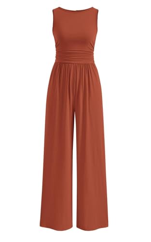 PRETTYGARDEN One Piece Jumpsuits for Women Dressy Casual Sleeveless Crewneck Wide Leg Rompers Jumpers 2025 Vacation Summer Outfits(Brick Red, L)