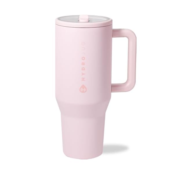 HydroJug Traveler – 40 oz Water Bottle with Handle & Flip Straw – Fits in Cup Holder, Leak Resistant Tumbler-Reusable Insulated Stainless Steel & Rubber Base – Gifts for Women & Men, Pink Sand