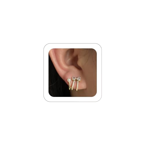 Trendy Claw Silver Dainty Bow Rhinestone Earrings - Shiny CZ Half Hoop Studs, Piercing Cartilage Wrap, Tiny Chic Pearl Illusion Jewelry for Teen Girls