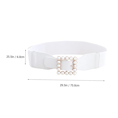 Pearl Waistband Belt with Square Buckle Elastic Ladies Decorative Cummerbund for Dresses Alloy Material White Fashion Accessory for Skirts and Pants2