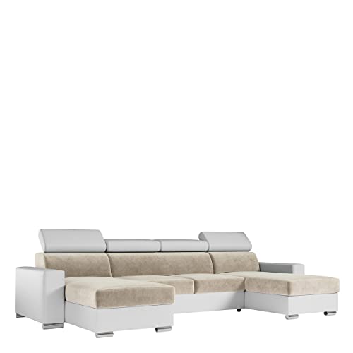 MKS MEBLE U-Form Wohnlandschaft Mit Schlaffunktion, XXL Sofa, Couch Mit Bettkasten - Fox U Creme Weiß Monolith