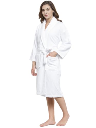 Image of Double Side Terry Cotton Bathrobe, White, Knee Length, Women's Loungewear with Pockets