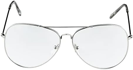 Ultra Adults Silver Frame Pilot Style Costume Glasses Retro Design Glasses Transparent Clear Lens Metal Eyewear Non-Prescription Classic Fake Fashion Glasses for Men Women Eyeglass Decorative Eyewear