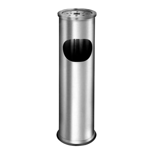 LIVHOME 2-In-1 Stainless Steel Ashtray And Waste Bin Free-Standing Outdoor Cigarette Butt Disposal Bin Durable And Weather-Resistant Design Ideal For Patios Public Spaces Modern Cylindrical Shape