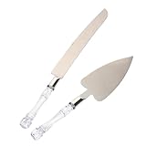 Mikikit 2 Juegos Cortadores y Espátulas para Tartas de Acero Inoxidable con Mango de Cristal Transparente Cuchillos y Palas Serradas para Bodas Cumpleaños y Fiestas de Aniversario