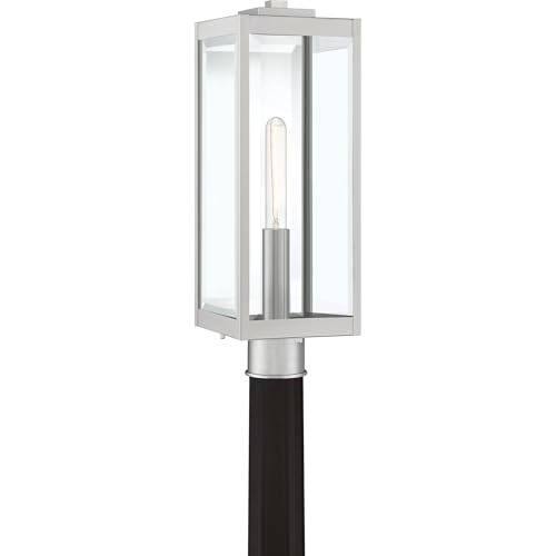 Quoizel Westover Outdoor Post Lantern, 21.25 Inch 1-Light Stainless Steel Modern Lamp Post, Clear Beveled Glass, Outside Pole Light for Patio, Porch, Fences, Garden, Pool or Driveway