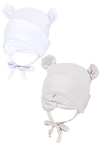 TupTam Baby Erstlingsmütze mit Ohrenklappen 2er Pack, Farbe: Weiß/Beige/mit Ohren, Größe: 62-68
