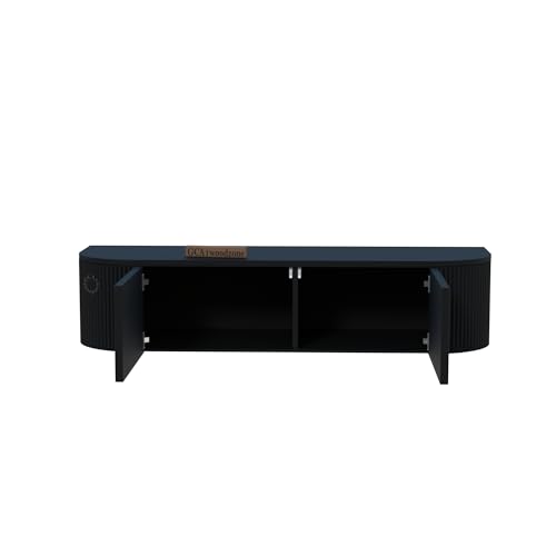 Image of Solid Wood Matte Black Wall Mounted TV Unit for Living Room | Floating TV Cabinet with Hidden Storage | Modern TV Stand for LED TV up to 55 Inch | Space Saving Wall TV Console