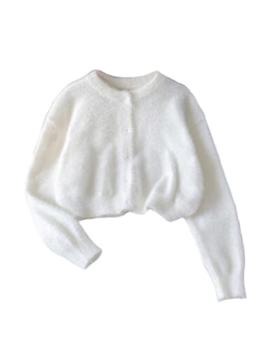 MakeMeChic Girl's Fuzzy Cardigan Button Down Long Sleeve Crew Neck Cropped Fall Sweater