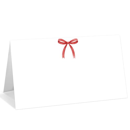 25 Pack Red Bow Place Cards, Editable Name Cards for Table Setting, Cute Tent Cards Food Label for Dinner Party, Bridal Shower, Wedding, Baby Shower and Events -T33