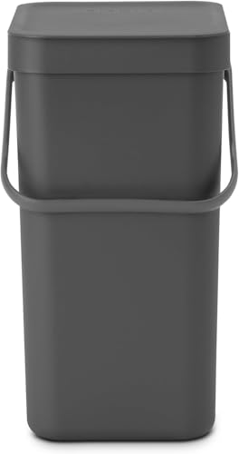 Brabantia Sort & Go 12L Cubo de basura (gris), cubo basura reciclaje con asa y tapa extraíble con posición abierta, papelera cocina para reciclaje con diseño multi-talento, fácil de limpiar