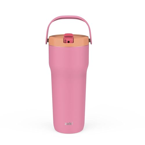 Zak Designs Sutton Travel Tumbler for On the Go, 30oz Stainless Steel with Vacuum Insulation, Straw Spout, Carry Handle for Cold Drinks (So Sweet Pink)