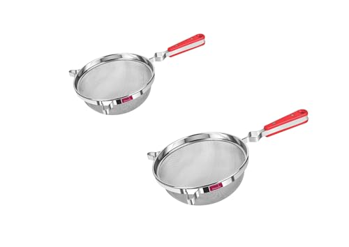 Image of Amanda Stainless Steel Juice & Soup Strainer | Heavy Duty Soup & Liquid Filter | 304 Grade Fine Mesh Chalni | Red Handle Kitchen Strainer for Soup & Juice (Set of 2 (No 6 & 7))