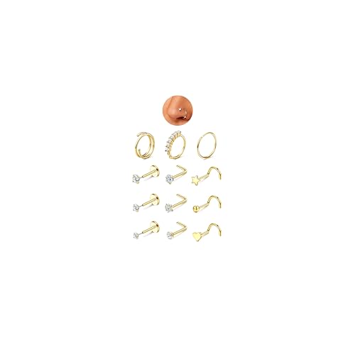 JeryWe Nose Rings for Women - 14K Gold Filled Hypoallergenic Surgical Steel Nose Ring Hoops CZ Lip...