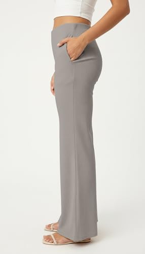 Image of Mehrang High Waisted Wide Leg Ribbed Knit Trousers with Pockets | Casual and Stretchy Pants | for Women