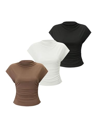 OYOANGLE Womens 3 Pack Business Casual Outfits Mock Neck Ribbed Tank Tops Work Shirts Black White Brown Small